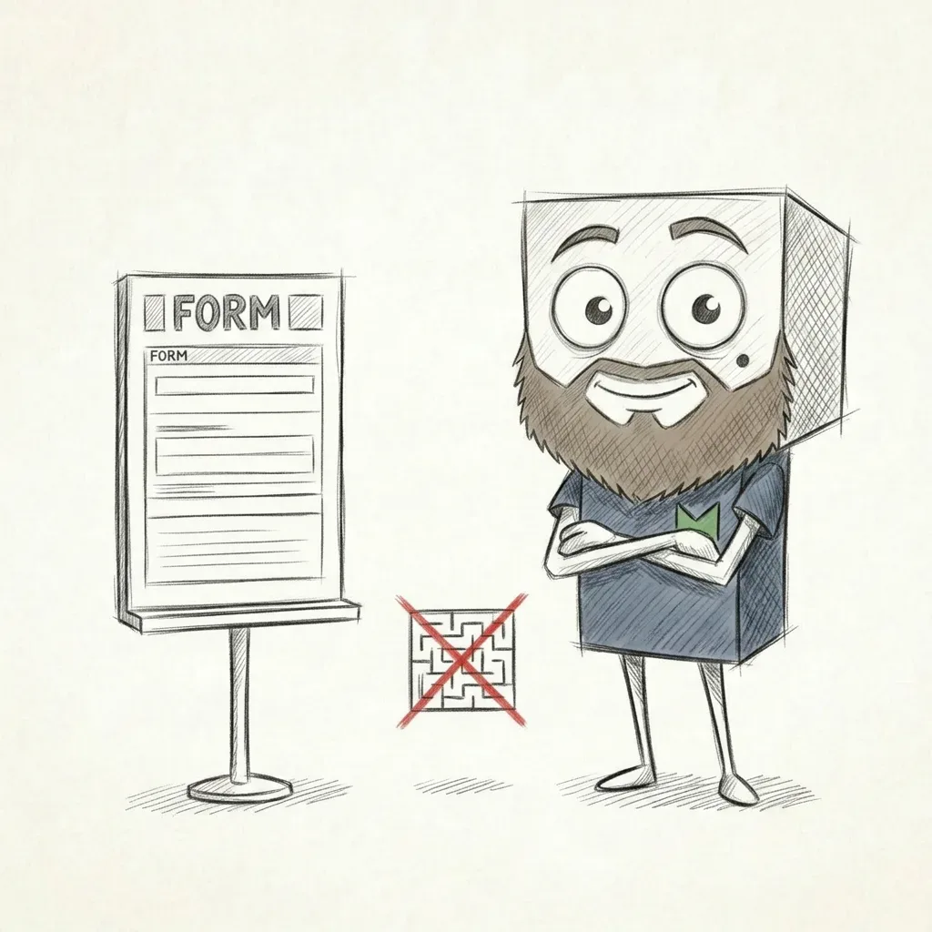 Cartoonfigur mit Formular und durchgestrichenem Labyrinth, symbolisiert vereinfachte Prozesse. – Website Baukasten