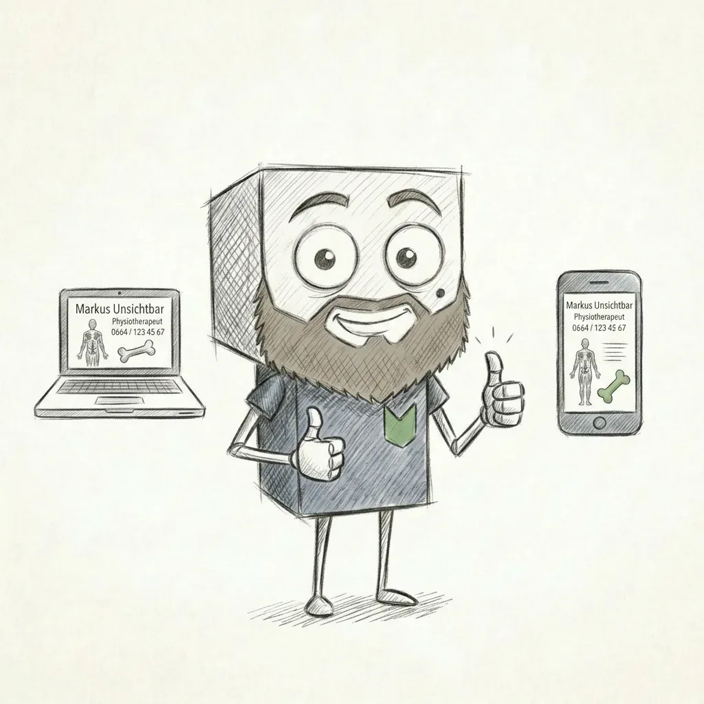 Comicfigur mit Bart, Daumen hoch, daneben Laptop und Smartphone mit Kontaktinformationen. – Website Baukasten