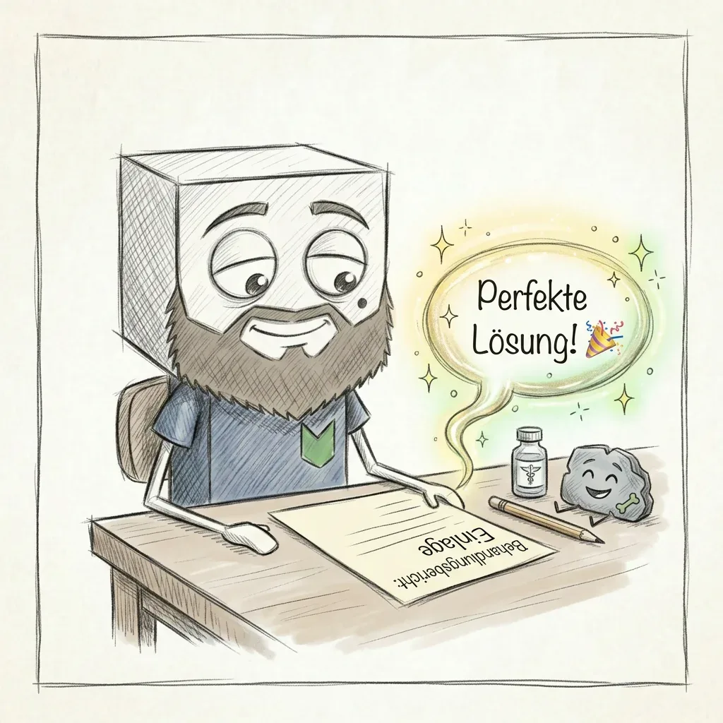 Illustration eines lächelnden Charakters mit perfekter Lösung in Gedankenblase, Schrift „Entwurf“ am – Website Baukasten