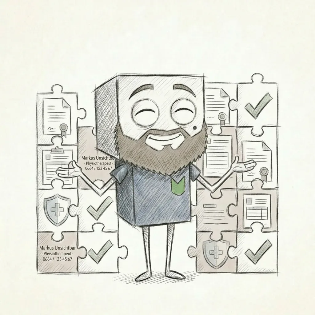Cartoonfigur mit Puzzle, Checklisten und Schutzsymbolen, für Physiotherapie und Gesundheit. – Website Baukasten