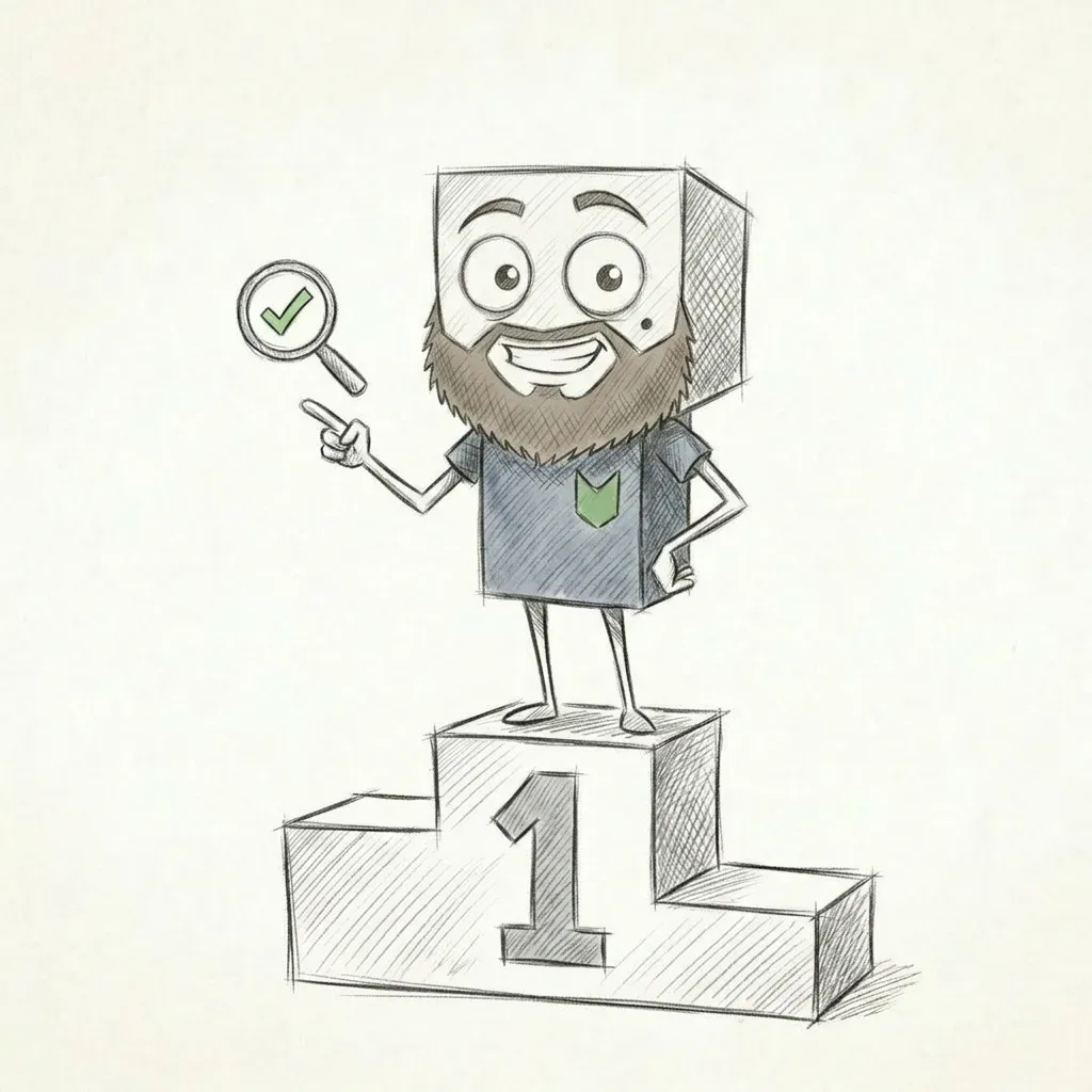 Illustration eines Cartoon-Charakters auf Platz 1 mit Lupe und Haken. – Website Baukasten