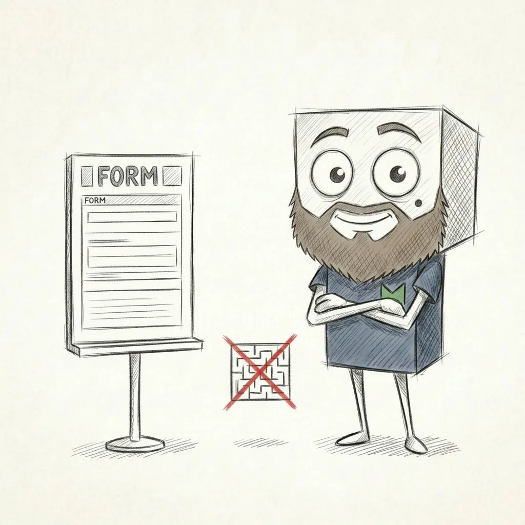 Cartoonfigur mit Formular und durchgestrichenem Labyrinth, symbolisiert vereinfachte Prozesse.