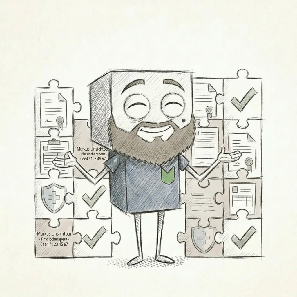 Cartoonfigur mit Puzzle, Checklisten und Schutzsymbolen, für Physiotherapie und Gesundheit.