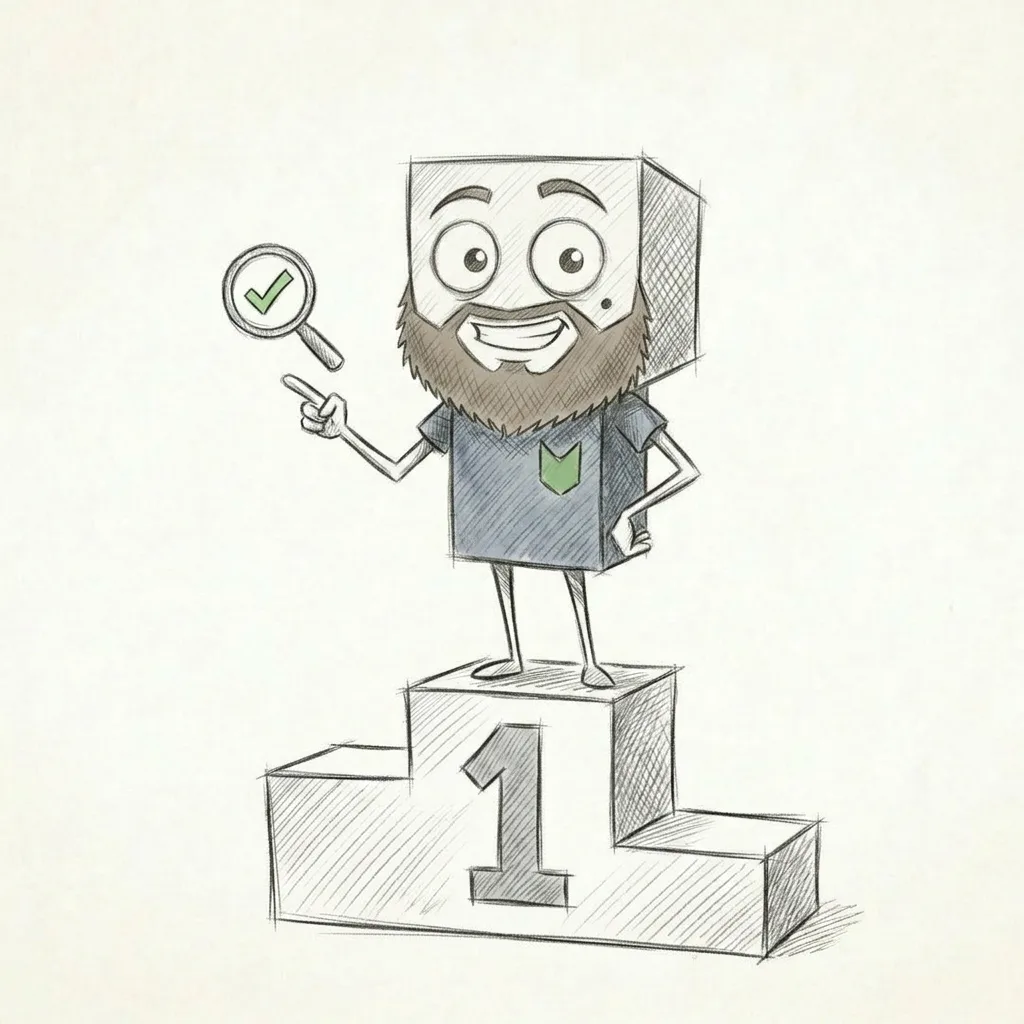 Illustration eines Cartoon-Charakters auf Platz 1 mit Lupe und Haken.